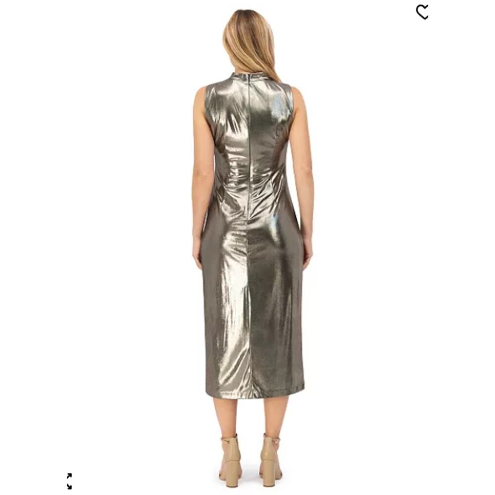 Vince Camuto Liquid Metallic Cowl Neck Midi Dress Size 12 Ruched Pewter Cocktail - Picture 7 of 13
